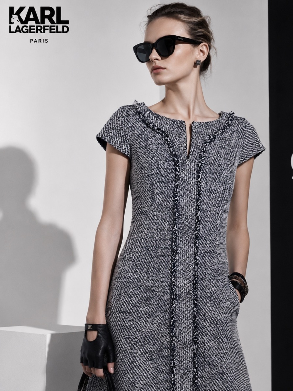 Karl Lagerfeld Navy & White Tweed Shift Dress sz 4